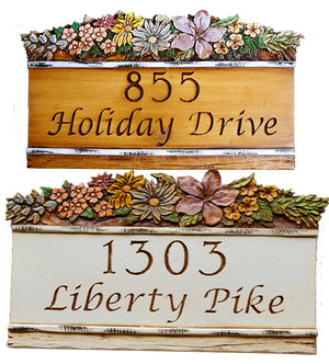 Custom Address Home Sign with carved flowers accent item 972B