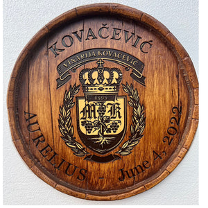 Custom Carved Wine barrel sign with carved Coat of Arms