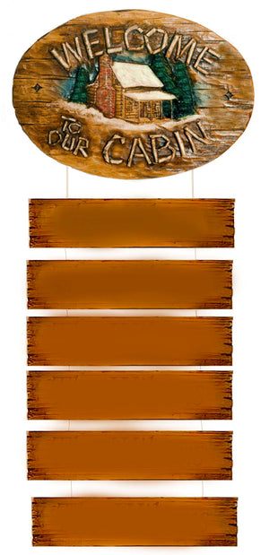 Cabin Welcome Sign with multiple hanging names