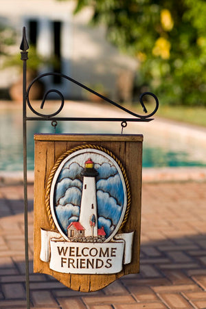 Nautical Welcome Friends Lighthouse Sign with yard stake